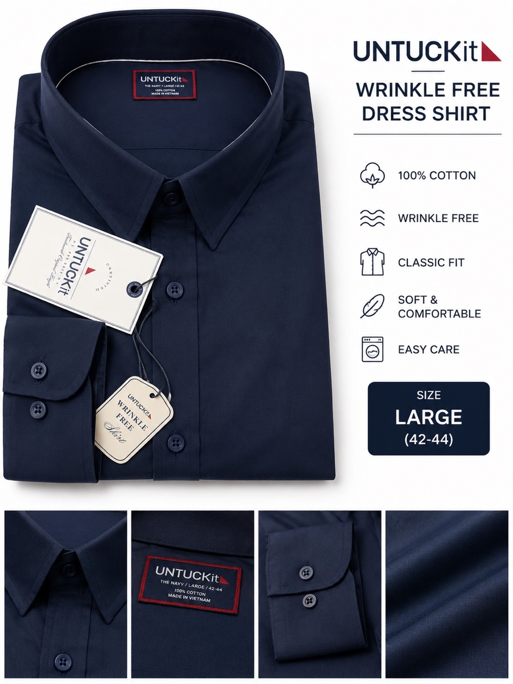 UNTUCKit Men's Navy Wrinkle-Free Dress Shirt